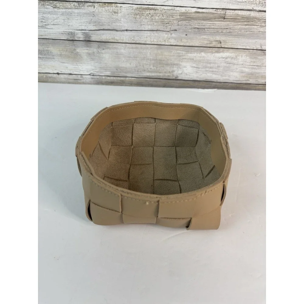 Small Beige Faux Leather Rectangular Woven Basket Home Décor